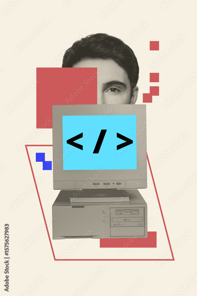 Fototapete composite collage trend artwork design of man face fragment obsolete computer monitor code browsing 