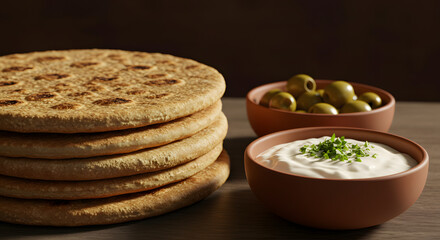 Rustic Flatbread with Herb Yogurt Dip and Green Olives – Fresh Mediterranean Starter