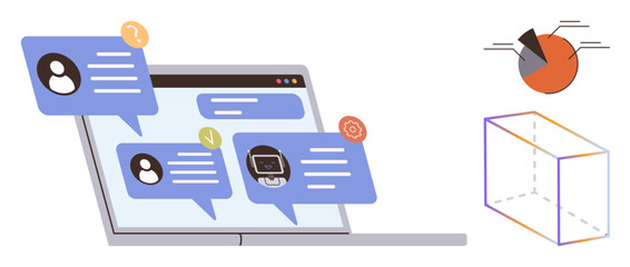 Laptop with chat bubbles showing user interaction. Pie chart and 3D cube suggest data analysis, collaboration, and innovation. Ideal for messaging, teamwork, analytics, tech, education creativity