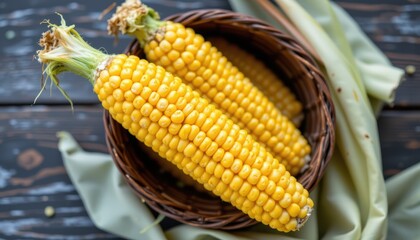 fresh yellow corn on the cob, a rustic basket overflowing, textures raw and golden kernels gleaming, embodies harvest abundance; flat lay, intimate close up, sparkling, pristine daylight