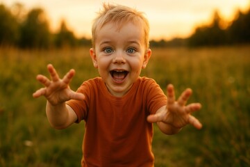 Happy little boy with big smile running with hands forward on green field during sunset wearing orange t-shirt very excited face playing outdoors looking at camera full of joy energy fun