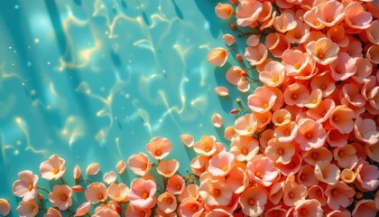 soft peach petals embrace in gentle sunlight glow, a swirling cascade forming an organic subject on the left; harmony in sparkling teal tones creates a tranquil backdrop, contrasting sharply