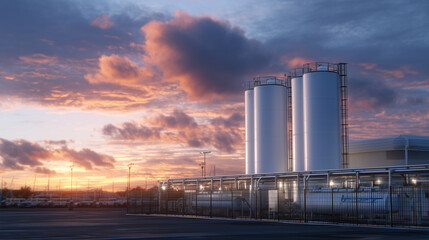 Obraz premium Sleek cylindrical hydrogen tanks gleaming under soft daylight, perfectly aligned beneath a tranquil sky, representing sustainable gas production and the rise of the hydrogen econom