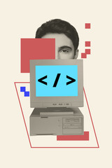 Composite collage trend artwork design of man face fragment obsolete computer monitor code browsing...