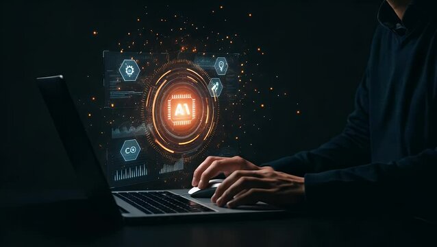 Person interacting with a holographic AI interface on a laptop