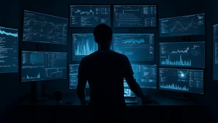 Person silhouetted against multiple monitors displaying data and charts - Powered by Adobe