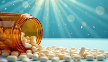 a cascade of ivory medical capsules tumbles from an antique amber vial onto a serene cerulean expanse, luminous rays highlight a single, pristine pill, a perfect sphere in medicinal form