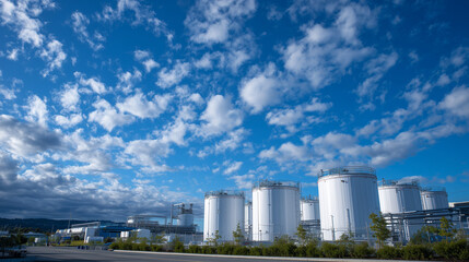 Obraz premium Wide-angle view of hydrogen tanks painted in white and silver, neatly arranged against a calm blue sky backdrop, evoking a sense of industrial innovation and eco-forward energy sol
