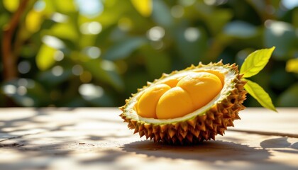 a fresh, delicious looking durian, radiating vibrancy in bright yellow tones, positioned on the left, leaves copy space on the right, all under shimmering rays