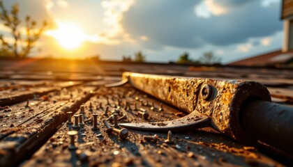 close, spirited sunny realism of house roof repair; weathered wood, bent nails scattered, worn tools glinting, subject focused right, copy space left; golden hour hues intensify under a sudden