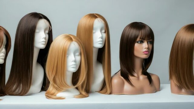Variety of realistic wigs on display mannequins, showcasing different hairstyles and colors