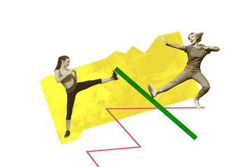 Trend artwork creative sketch 3D collage of two young lady fight karate health sportive activity...