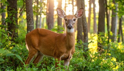 Doe in forest at sunset