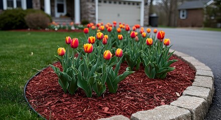 Tulips Blooming in a Flowerbed with Red Mulch Landscaping