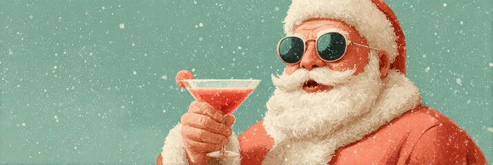 Santa Claus enjoying a festive cocktail during a snow-filled holiday celebration