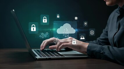 Person using a laptop with digital security icons and a cloud graphic overlay - Powered by Adobe