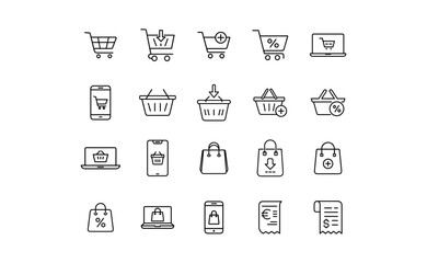 Various Black Line Art Shopping Icons for E-commerce and Online Sales.