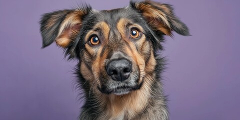 A beautiful studio portrait of a mixed-breed dog with an adorable and expressive head tilt, looking at the camera with curiosity on a plain purple background