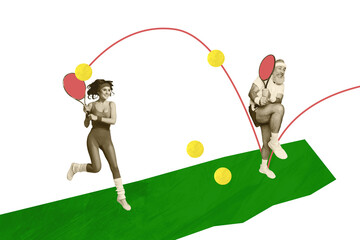 3D collage trend artwork sketch poster of aged man young lady play tennis sport hobby exercise...