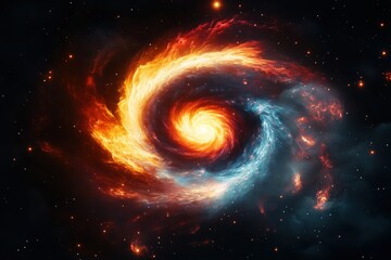 Fototapeta premium Spiral galaxy forming vivid swirl of fiery orange and cool blue gases in deep space, glowing stars scattered throughout cosmic background, illustrating astronomical phenomena and cosmic energy