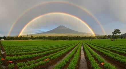 Double rainbow arches over a lush farm field, with a volcano in the background