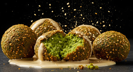 Green Falafel with Sesame Crust and Creamy Tahini Drizzle – Crispy, Vegan, Middle Eastern Snack