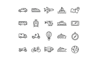 Collection of Transportation and Travel Icons in Outline Style.