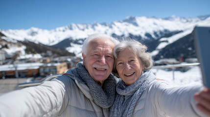 Senior couple bundled in light jackets smiles at their phone camera, arms outstretched against breathtaking mountain vista, celebrating a lifetime of shared journeys and beautiful