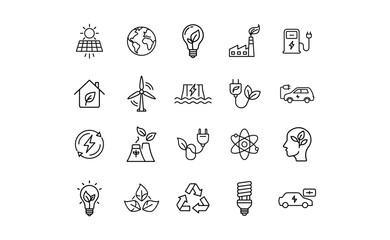 Collection of Clean Energy Icons Depicting Sustainable Practices and Technologies.