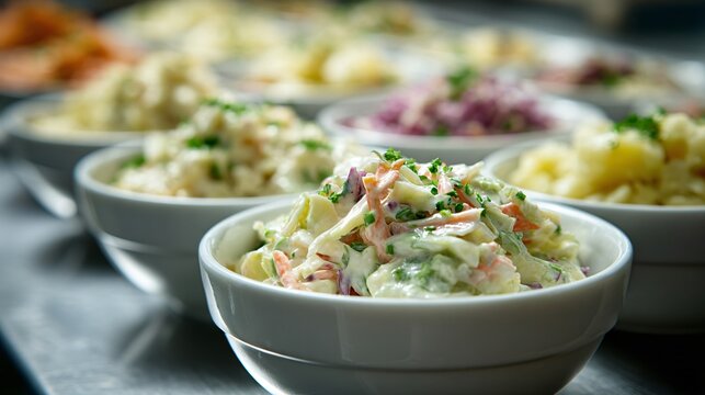 Side dish bowls like coleslaw and potato salad aligned neatly