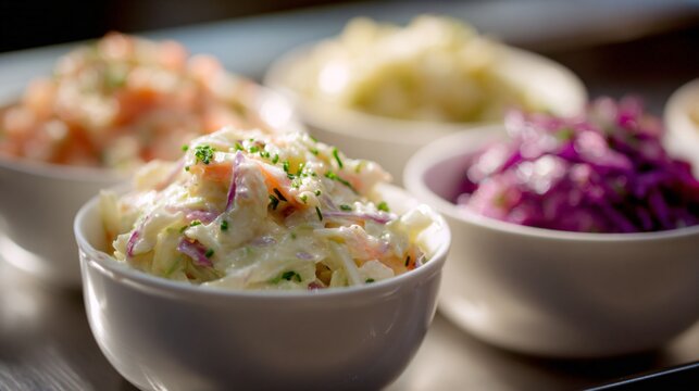 Side dish bowls like coleslaw and potato salad aligned neatly