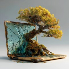 A powerful surreal concept of a living tree growing out of a broken, rusted laptop, symbolizing the reclamation of nature over technology or a digital detox