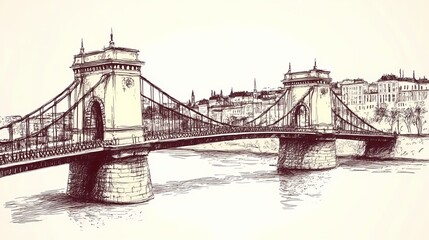 Obraz premium Hand-drawn sketch of a suspension bridge over a river.