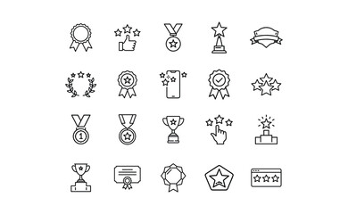 Collection of Black and White Award Icons Medals Trophies and Stars.