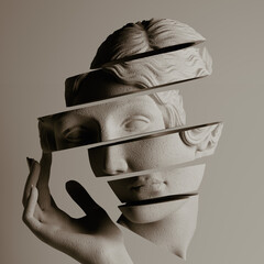 Conceptual 3D illustration of a fragmented Greco-Roman bust supported by a hand. The sliced head represents psychological struggle, analysis, or the complex layers of personality.