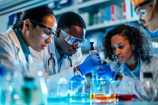 Four scientists wearing lab coats and safety glasses work with beakers and a microscope in a brightly lit laboratory.