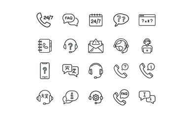 Collection of Black and White Customer Support Icons on White Background.