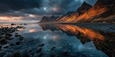 Breathtaking sunset reflection over the calm waters at a stunning Icelandic mountain range