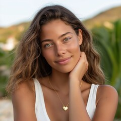 A close-up headshot of a beautiful woman with wavy hair and green eyes, wearing a gold heart necklace and enjoying a sunny day. A concept for natural beauty and summer lifestyle