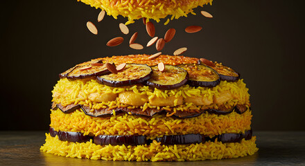 Layered Maklouba Rice with Eggplant and Almond Garnish—Vibrant Saffron-Inspired Middle Eastern Dish