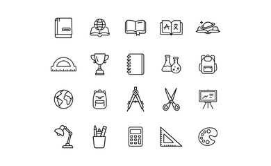 Collection of Education and School Supplies Icons in Line Art Style.