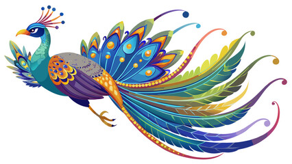 Obraz premium Peacock – A radiant Peacock glides with elegance, shimmering tail feathers trailing like jeweled ribbons in sunlight, creating a vivid, breathtaking moment captured mid-flight from a stunning near per