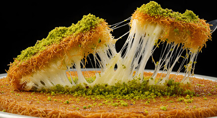 Kunafa Cheese Pull with Pistachio Crust—Crispy Arabic Dessert in Golden Syrup