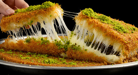 Kunafa Cheese Pull with Pistachio Crust—Crispy Arabic Dessert in Golden Syrup