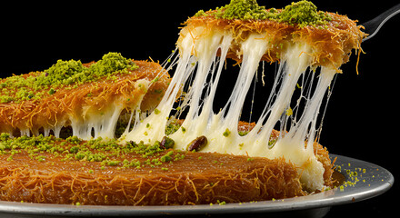 Kunafa Cheese Pull with Pistachio Crust—Crispy Arabic Dessert in Golden Syrup