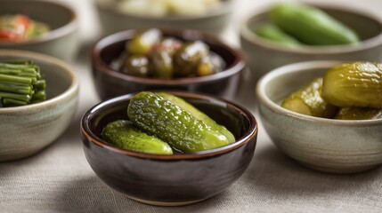 Variety of pickles in ceramic bowls, arranged minimally on linen