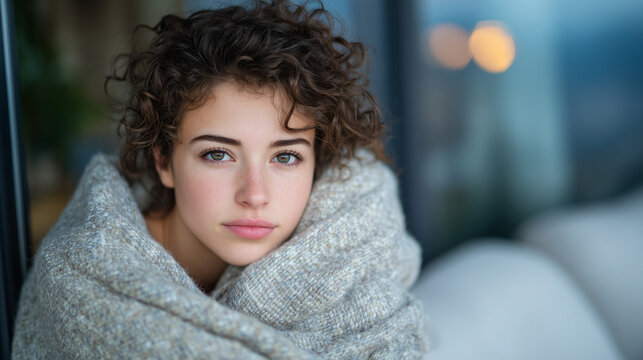 Sad young woman with dark curls and soft blanket wrapped around her, clutches pillow tightly on couch, natural light casting gentle glow through window as she reflects on troubling