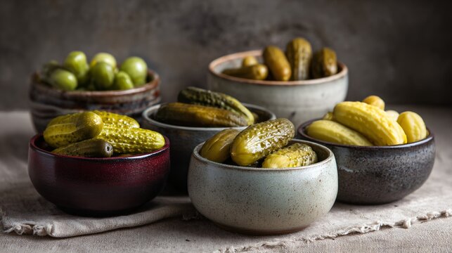 Variety of pickles in ceramic bowls, arranged minimally on linen - Powered by Adobe