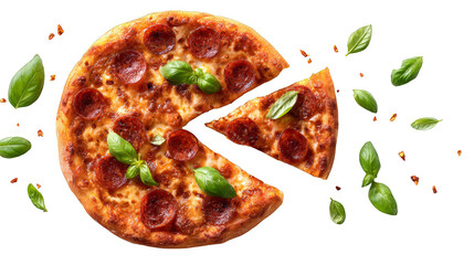 Freshly baked pepperoni pizza with basil leaves, isolated on black, showing a slice removed for advertising food and catering services.