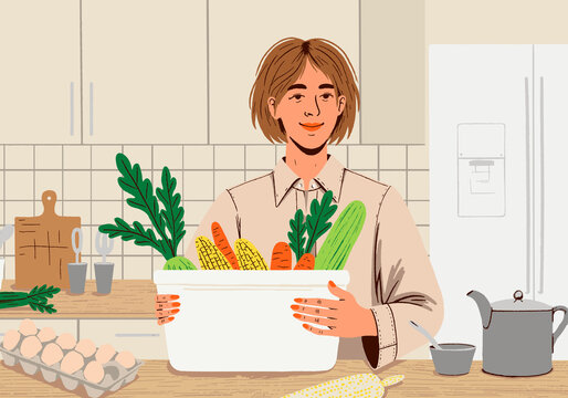 Illustration of a person in a kitchen holding a basket of fresh vegetables, emphasizing healthy eating and lifestyle.